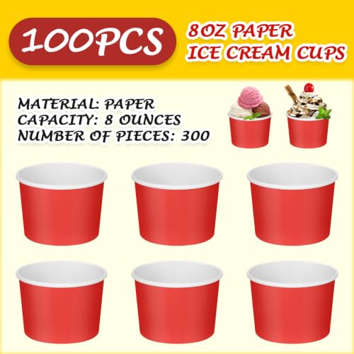 Image of Nuenen 100 Pcs 8 oz Summer Ice Cream Paper Cups Bulk Disposable Dessert Cups Solid Color Paper Dessert Bowls for Snack Sundae Spring Party Favors Ice Cream Bar Supplies (Red)