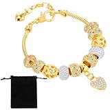 LXUEJIE Shiny Gold Beads Bracelets, Rhinestone Heart Charm Bracelet Luxury Adjustable Bangle for Women Gifts