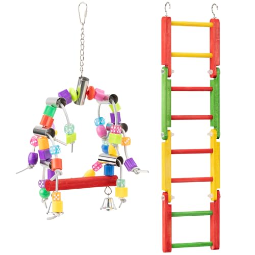 Image of Navaris Parrot Toy - Durable Swing and Ladder Set - Colourful Bird Cage Toys for Small to Medium Birds - Cockatiel, Parakeet, Budgie Accessories