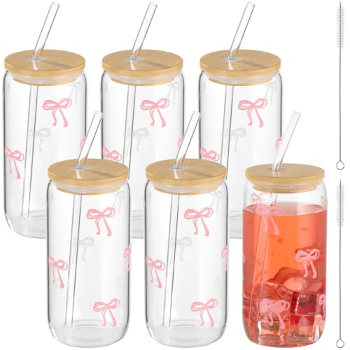 FELISTORY 6 Pcs Cute Glass Cups with Lids and Straws, 16 fl oz Pink Glass Cups Tumbler Iced Coffee Glasses for Women, Sister, Young Ladies, Bow Theme Party Favors - image 1