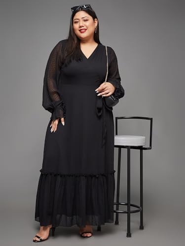 Image of Miss Chase A+ Women's Floral Printed Relaxed Fit V -Neck 3 /4Th Sleeve Georgette Maxi Dress