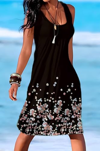 Image of Camisunny Women Casual Loose Tank Dresses Sleeveless Beach Vacation Dress Swing Pleated U Neck Fashion Soft