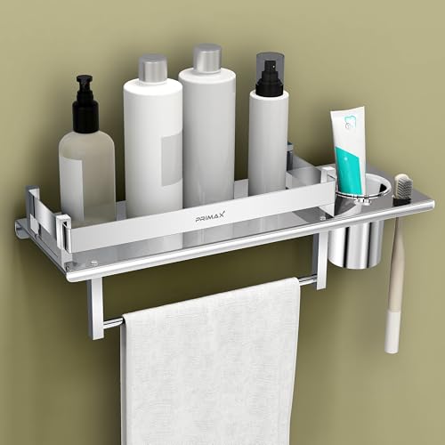Image of Plantex (Primax) Stainless Steel Nickel 3 in 1 Multipurpose Bathroom Shelf, Towel Hanger (Chrome, Silver, 15 x 5 Inches)