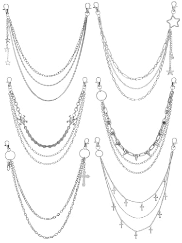 Quelay 6 Pcs Pants Chain for Men Hip Hop Pants Chain Cross Sword Star Rivet Goth Jean Hip Jewelry for Rock Women Accessories