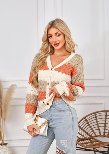 ECOWISH Women's Cropped Cardigan Sweaters 2025 Fall Striped Color Block Long Sleeve Button Up Knit Sweater Y2k Coats3