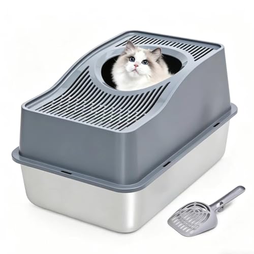 Kettnjoy Top Entry Cat Litter Box with Lid Stainless Steel Enclosed Cat Kitty Litterbox Top Loading Large Metal High Side Litter Pan Tray Box Enclosure Easy Cleaning Anti-Leakage