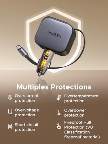 UGREEN 145W Retractable Car Charger Fast Charge, Cigarette Lighter USB Charger with 60W Retractable Cable, 4-Port Car Accessories Compatible with iPhone 16/15, Galaxy S25/24, iPad, MacBook 5