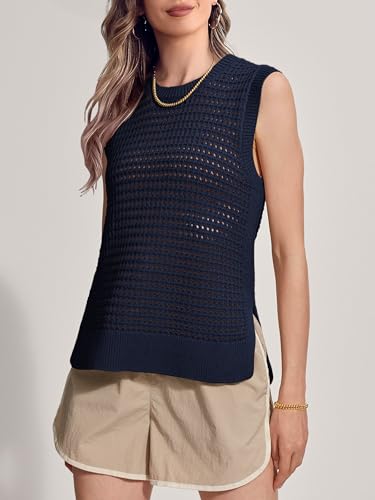 Image of SuperPrity Women's Sweater Vest Sleeveless Crochet Sheer Knit Sweater Tank Casual See Through Crewneck Sweater