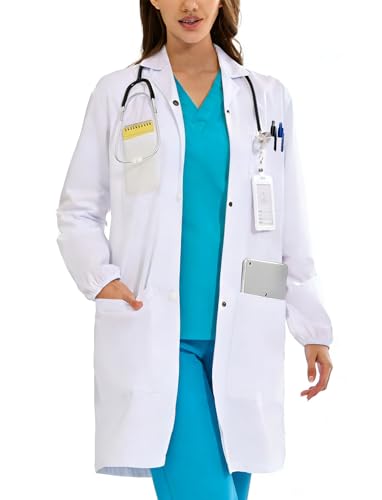Image of Women's Lab Coats Snap Closure 4 Pockets Elastic Cuffs Professional Medicas Long Sleeve Labcoats Scientist College