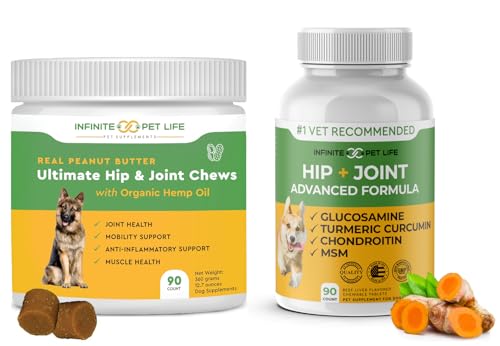 Infinite Pet Life Hip & Joint Supplement Bundle for Dogs - Glucosamine, Chondroitin, MSM & Turmeric Chews (90 Chewable Tablets + 90 Peanut Butter Soft Chews) - Relieves Pain and Enhances Mobility