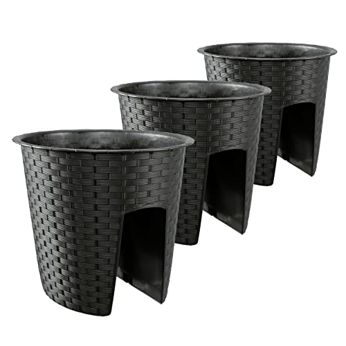 ARTECSIS 3er Set Balkon-Blumenkasten oval 30cm, Rattan-Optik, Geländertopf, Balkonkasten, Anthrazit Cover
