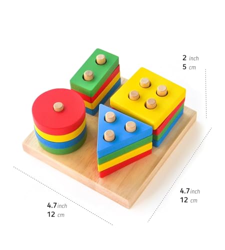 Image of SHINETOY ENTERTAIN KIDS Wooden Stackable Blocks & Shape Sorting Board | Geometric Shape Stacker | Eco-Friendly & Non-Toxic Wooden Toy | Early Childhood Development Toys for Fine Motor Skills, 16 Pcs