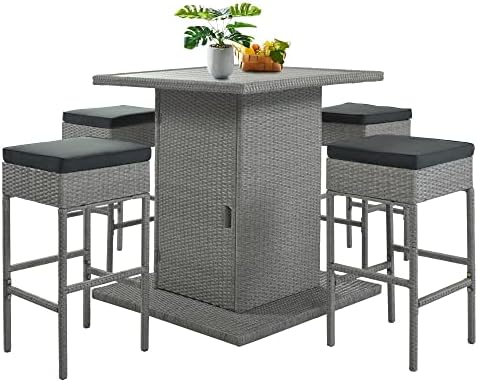 Merax Outdoor Wicker Bar Table Set, 5-Piece Patio Bar Set, PE Rattan Wicker Dining Table with 4 Stools, Storage Shelf for Backyard, Porch, Poolside (Gray 5-Piece)