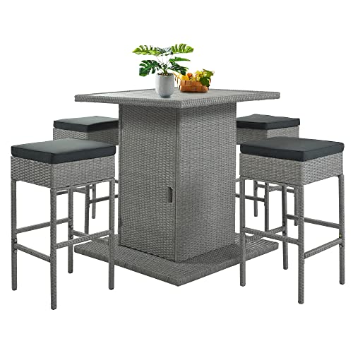Merax Outdoor Wicker Bar Table Set, 5-Piece Patio Bar Set, Pe Rattan Wicker Dining Table With 4 Stools, Storage Shelf For Backyard, Porch, Poolside (Gray 5-Piece) #TOP15