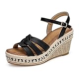 SHIBEVER Wedge Sandals for Women-Espadrilles Open Toe Buckle Ankle Strap Strappy Platform Sandal Shoes Dressy Summer Black 11