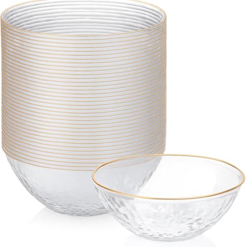 R-kay 100 Pack Hammered Gold Plastic Bowls Disposable Heavy Duty - 12 Oz Clear Plastic Bowls For Parties - Premium Clear Disposable Bowls for Hot Soup Salads.