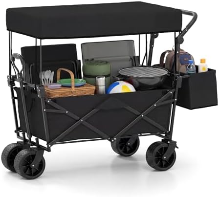 Goplus Collapsible Wagon w/Canopy, Folding Garden Cart w/Adjustab...