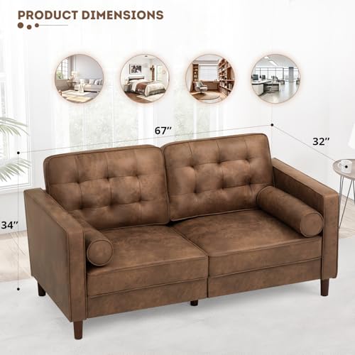 Image of 67 inch Suede Leather 2-seat Sofa with Two Bolster Pillows, Brown | Tufted Loveseat with Wooden Legs, Morden Sofa Suitable for Living Room, Office
