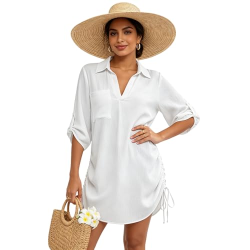 Image of SANNIDHI Crochet Cover Up for Women Loose Fit Beach Cover Up Stylish Boho V Neck Hollow Summer Top Coverup - Fits for Weight 50-70kg and Height 160-178cm