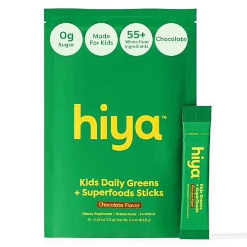HIYA Kids Greens Powder Sticks - 55 Whole-Food Sourced Ingredients & Delicious Flavor - Greens Superfood Powder for Kids (Chocolate)