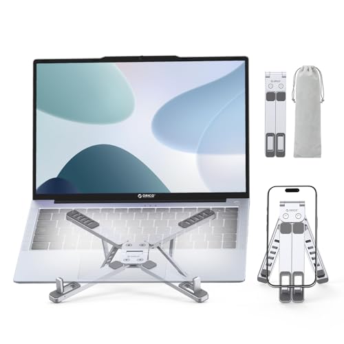 ORICO Soporte Portátil para Viaje y Escritorio, Aluminio Ligero Plegable 3 en 1 para Laptop, Tablet y Movil, 5 Alturas Ajustables, Laptop Stand para MacBook/HP/DELL/iPad/iPhone hasta 17' – PN1, Plata