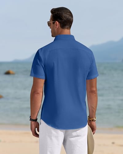 Image of J.VER Mens Linen Shirt Short Sleeve Button Down Casual Summer Shirts | Cotton Linen, Untucked, Big Tall, from Beach Camp Vacation, Cruise Fishing, Work Office, to Wedding Party Family, with Pocket