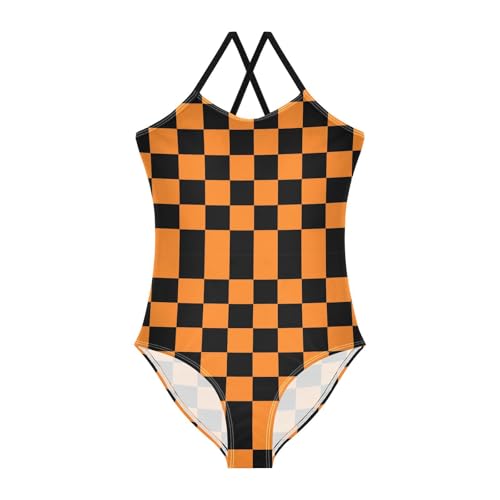 Image of Black and White Chess Girls One Piece Swimsuits Board Marble Tile Sport Halter Swimwear Beach Bathing Suit 3T