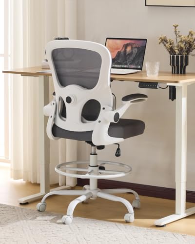 Image of Karl home Ergonomic Drafting Chair, Grey | Lumbar Support, Flip-Up Armrests, Adjustable Height Footrest Ring, Breathable Mesh, Tall Swivel