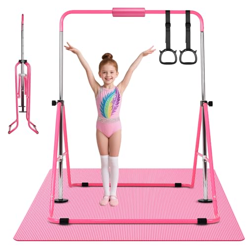 Gymnastikstange Kinder mit Verstellbaren Höhen, Faltbare Reckstange Reckanlage mit Gymnastikmatte, Stangenpolster, 2 Ringen, Turnreck Indoor Outdoor, Horizontale Training Bar Trainingsgeräte (Pink)