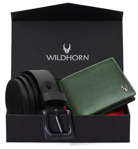 Image of WildHorn Gift Hamper for Men I RFID Protected Leather Wallet & Belt Combo Gift Set I Gift for Friend, Boyfriend,Husband,Father, Son Etc (Jade Black & Green)