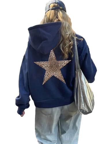 LLECDASEUI Sudadera con capucha de estrella de leopardo guepardo para mujer Sudadera con capucha de gran tamaño de lana Y2k con estampado gráfico (M,Azul-a)