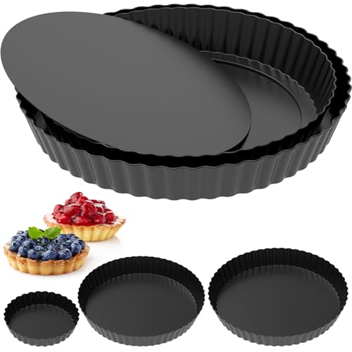3Pcs Quiche Dish, Non-Stick Quiche Tins with Removable Bottom Easy to Release Pie Baking Trays Multipurpose Pizza Baking Tins Effortless to Clean Tart Pan for Cake Pizza Pie(black)