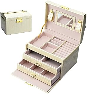 Podazz Jewellry Box for Women, 3 Layers PU Leather Jewelry Organizer with Mirror and Lock, Drawer Type, for Storing Rings, Bracelets, Earrings, Necklaces, Travel Femal Gift Box - Apricot