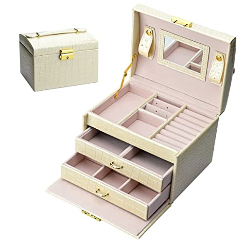 Podazz Boîte à bijoux en cuir pour femme avec miroir pour boucles d'oreilles, colliers, bagues, cadeau de Noël, fête des mères, anniversaire(Motif Crocodile) Cover