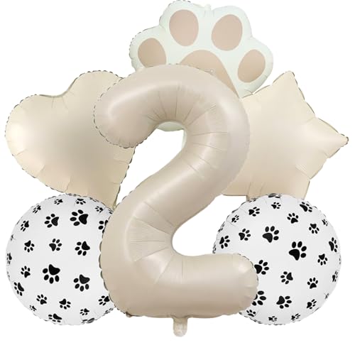 Image of 2nd Birthday Dog Paw Balloons Set,18'' Paw Prints, Heart,Star,Paw Shaped Foil Balloon 40''Cream Number 2 Helium balloons for Puppy Themed Baby Shower Second Birthday Party Decorations Supplies 6PCS