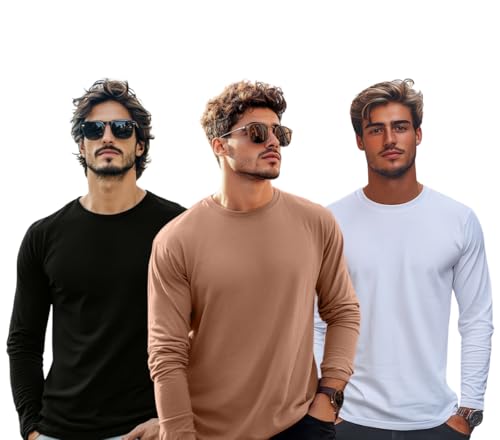 Image of Veirdo Pure Cotton Round Neck Regular Fit Solid Full Sleeve T-Shirt Pack of 3 Combo for Men (Colors: Swanwhite, Green, Navy, Black, Cork, White & Maroon)