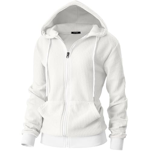 GIVON Women's Lightweight Waffle Knit Zip Up Hoodie – Long Sleeve Thin Casual Hooded Jacket Plus Size / DCF304-WHITE-XL