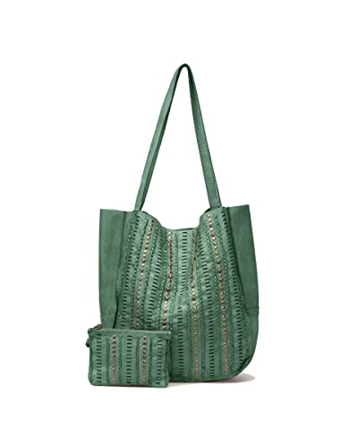 BIBA Bolso de Mujer de Cuero Genuino, Bolso Boho Heritage Wickenburg WIC1L, Asa Corta, Cierre a Presión, Piel Bovina Legítima, Color Kaki