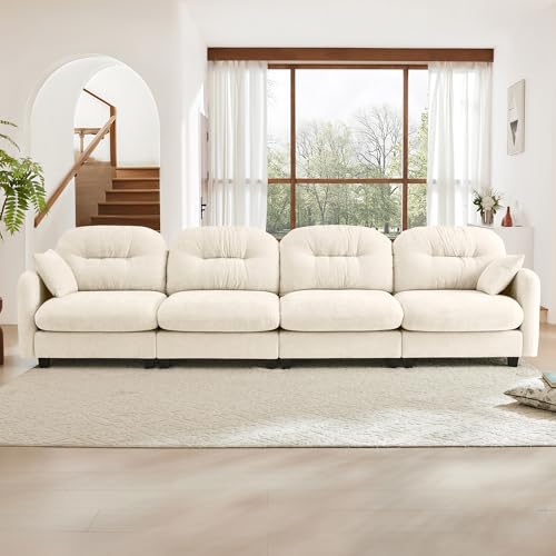 Image of KEIKI 140 inch Oversized Chenille Modular Sectional Sofa with High-Density Foam Cushion and Tufted Pleated Cushion Backrest, Upholstered Modern 4-Seater Cloud Couch with 2 Pillow, for Living Room, Beige