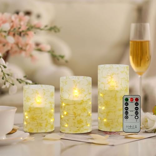 Image of Flickering Flameless Candles, Recessed String Light LED Candles 3D Wick Acrylic Battery Operated LED Pillar Candles with Remote and Timer for Modern Simple Home Decor Set of 3(Gold Flower)