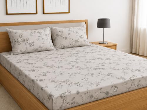Image of Fitted Bedsheet Light Grey Vintage Floral Print Glace Cotton 210 TC | Single Size for Single Bed Fits 3 x 6.25 ft Mattress (36 x 75 Inch) | All Around Elastic | 2 Pillow Cover | 7 Inch Deep Pocket