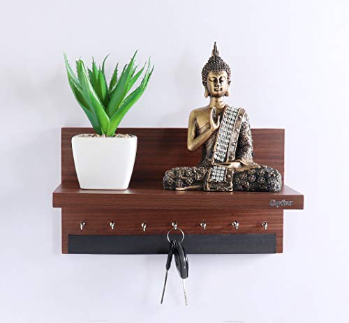 Image of Captiver Engineered Wood Wall Mount Key Holder with Storage Shelf (7 Hooks, Teak) Home Office Living Room Bedroom Antique Decor Items Keyholder