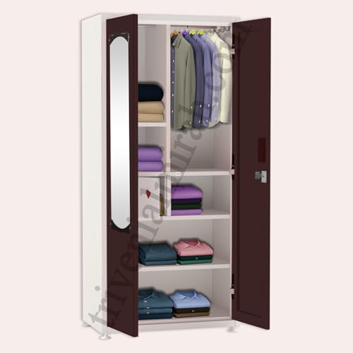 Triveni almirah GOMTI-3 DARPAN | 10-Year Guarantee on Paint & Lock | 2-Door Wardrobe with Mirror,Locker & Center Partition Shelf | 5 Hangers, 3 Shelves, Key Bag & Border Box | Powder Coated Finish - Image 5
