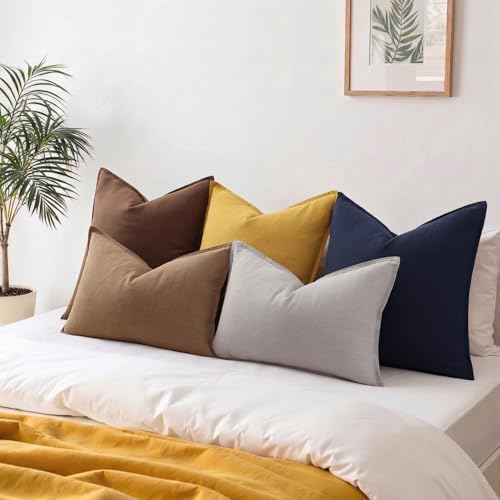 Image of decorUhome Decorative Linen Throw Pillow Covers 12x20 Inch Set of 2 Light Grey Lumbar Pillow Covers with Flange Edges Soft Farmhouse Boho Accent Pillow Cases for Couch Bed Living Room