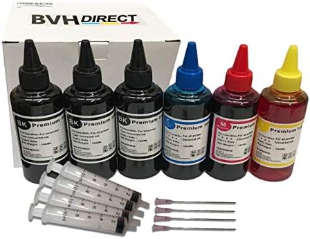 BVH Direct 6 x 100ml Black Cyan Magenta Yellow Bottled Compatible with HP, Canon, Brother, LEXMARK and epson Ink Refillable Ciss Cartridge Sytems Includes Blunt Needle and Syringe for Refilling