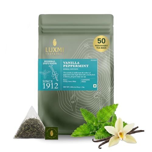 Image of Luxmi Estates Vanilla Peppermint Herbal Tea, 50 Biodegradable Tea Bags (100g, 3.5oz, 50 Cups) | Caffeine-Free Two-Ingredient Blend with Real Peppermint Leaf & Natural Vanilla | Soothing After-Dinner Bulk Pack, Vegan