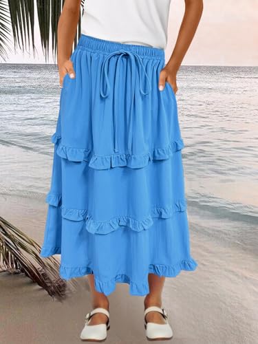 Image of Girls High Waisted Ruffle Maxi Skirt Soft Cotton Long Skirts with Elastic Waistband for Kid Girl 3-12 Years
