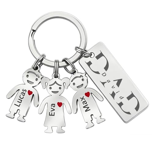 JONZIN Custom Engraved Keychain for Dad Personalized Keyring with Childs Names & Text Unique First Fathers Day Gift for New Dad or Men from Daughter or Son