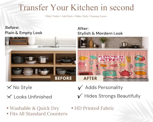 Image of Premium Printed Kitchen Sink Curtain | Washable & Dustproof Rod Pocket Counter Skirt | Perfect For Any Sink | Multicolor Cooking Theme Decor for Home & Kitchen(150cm X 70cm) (Kitchen Street)