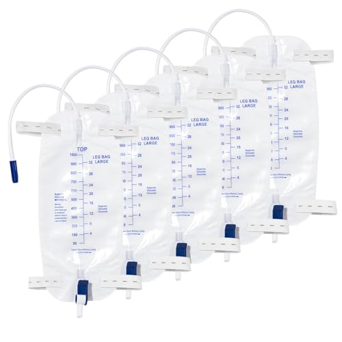 5 Stück 1000ml Urinbeutel Beinbeutel mit 45cm Schlauch, Urinbeutel mit Anti Reflux Ventil und Ablass (1000, 5)